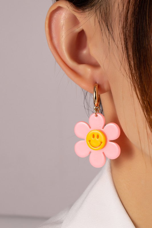 Huggie hoop dangling flower smiley face earrings