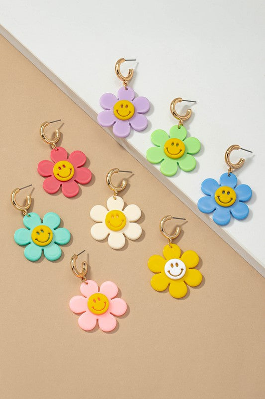 Huggie hoop dangling flower smiley face earrings