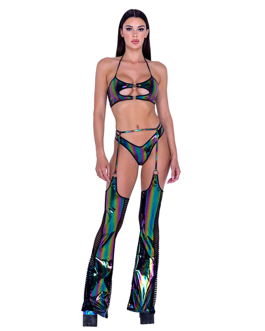 6493 - Rainbow Print Vinyl & Fishnet Chaps