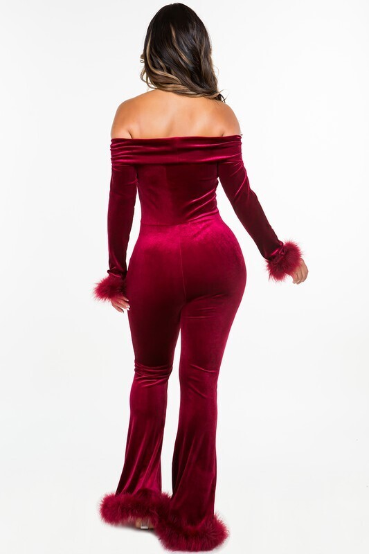 Fur Detail Jumpsuit Wine